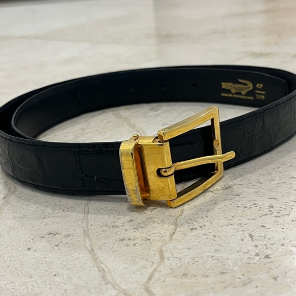 Black Genuine Alligator Calf Leather MADE IN ITALY BRASS BUCKLE Belt 42 - Picture 2 of 9